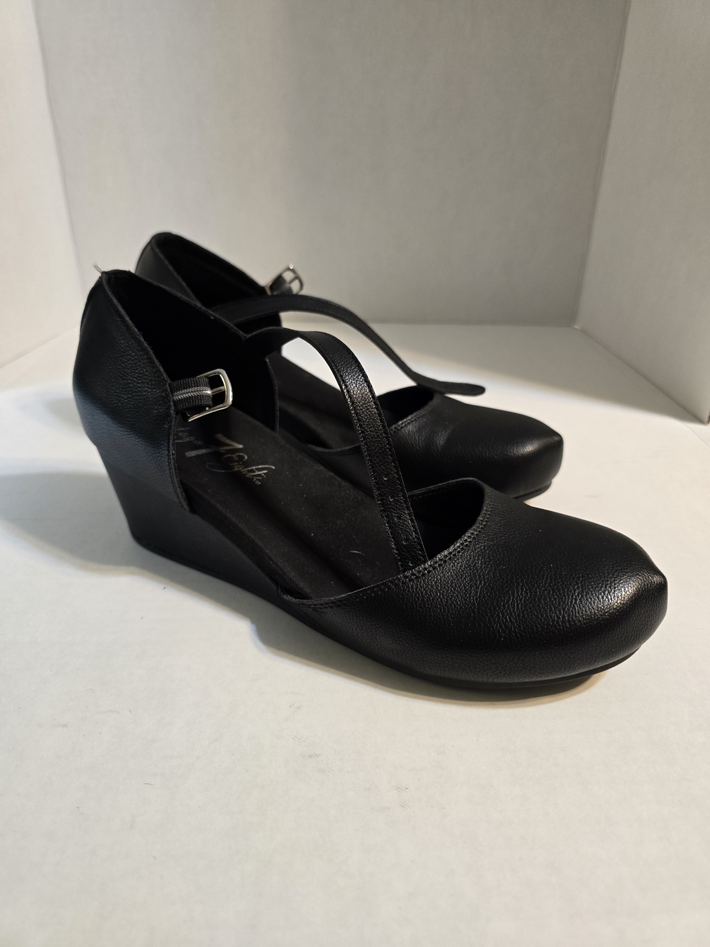 Black Mary Jane Wedge Heels with Cross Strap